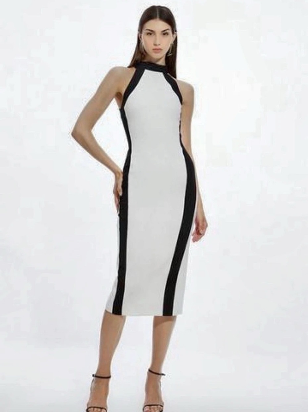 Karen Millen Compact Stretch Color Block Tailored Halter Neck Midi Dress